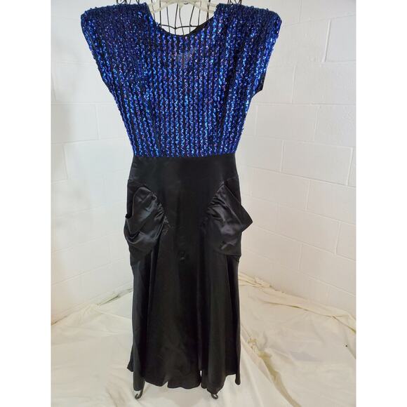 Diamond's Run VTG 1980s Disco Party Satin Sequins Black Blue Dress Size 4 - Picture 1 of 9